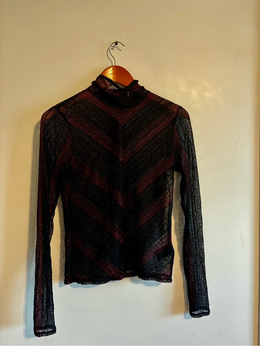 & Other Stories Black and Burgundy Sheer Mock Neck Long Sleeve Top